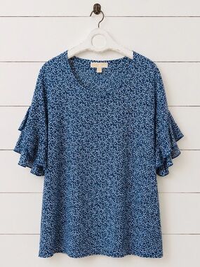 Michael Kors Blue Micro Floral Ruffle Sleeve Blouse